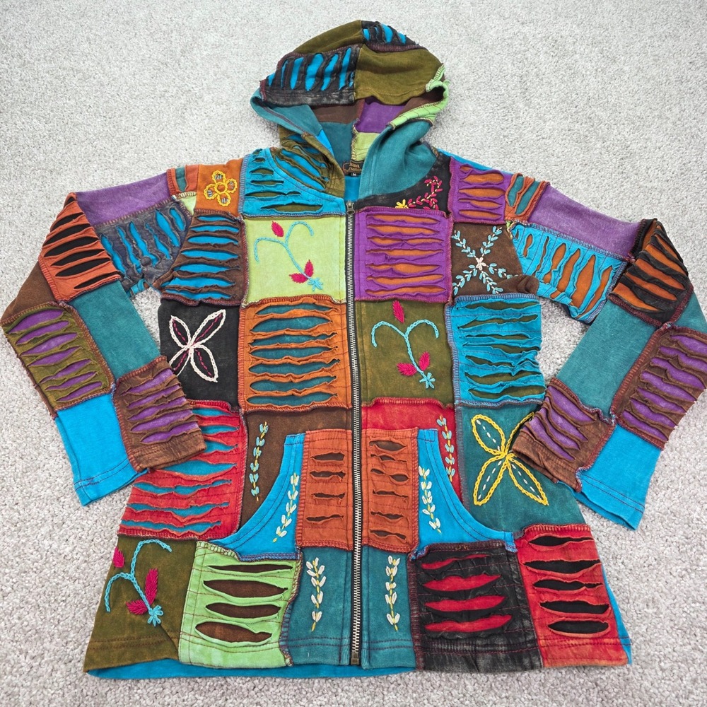 New Rising International Patchwork Hoodie Womens Medium Boho Embroidered NWOT